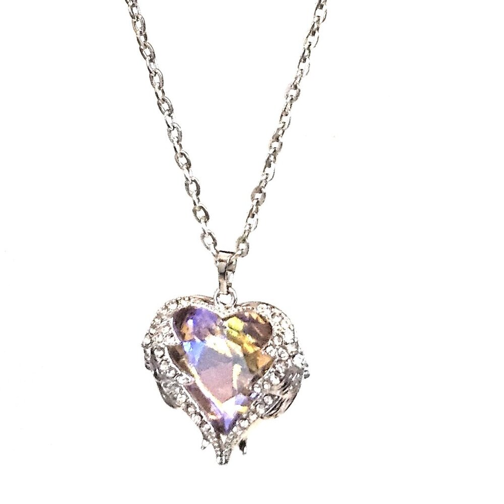 Rainbow Mystical Fire Crystal Silver Rhodium Plated Angel Wing 20" Necklace